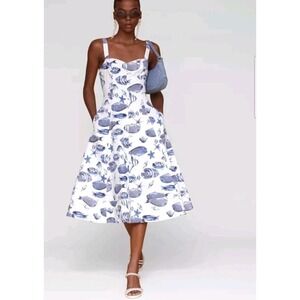 Avec Les Filles Blue White Sea Stars Fish Nautical Fit & Flare Midi Dress SZ  10